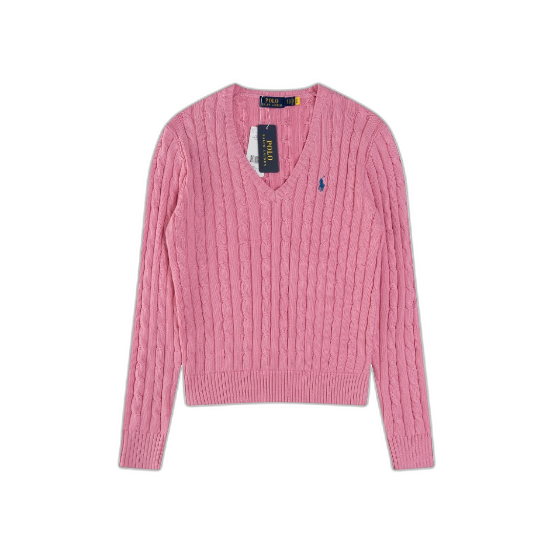 Ralph Lauren Pink Cable Knit Cotton V Neck Sweater